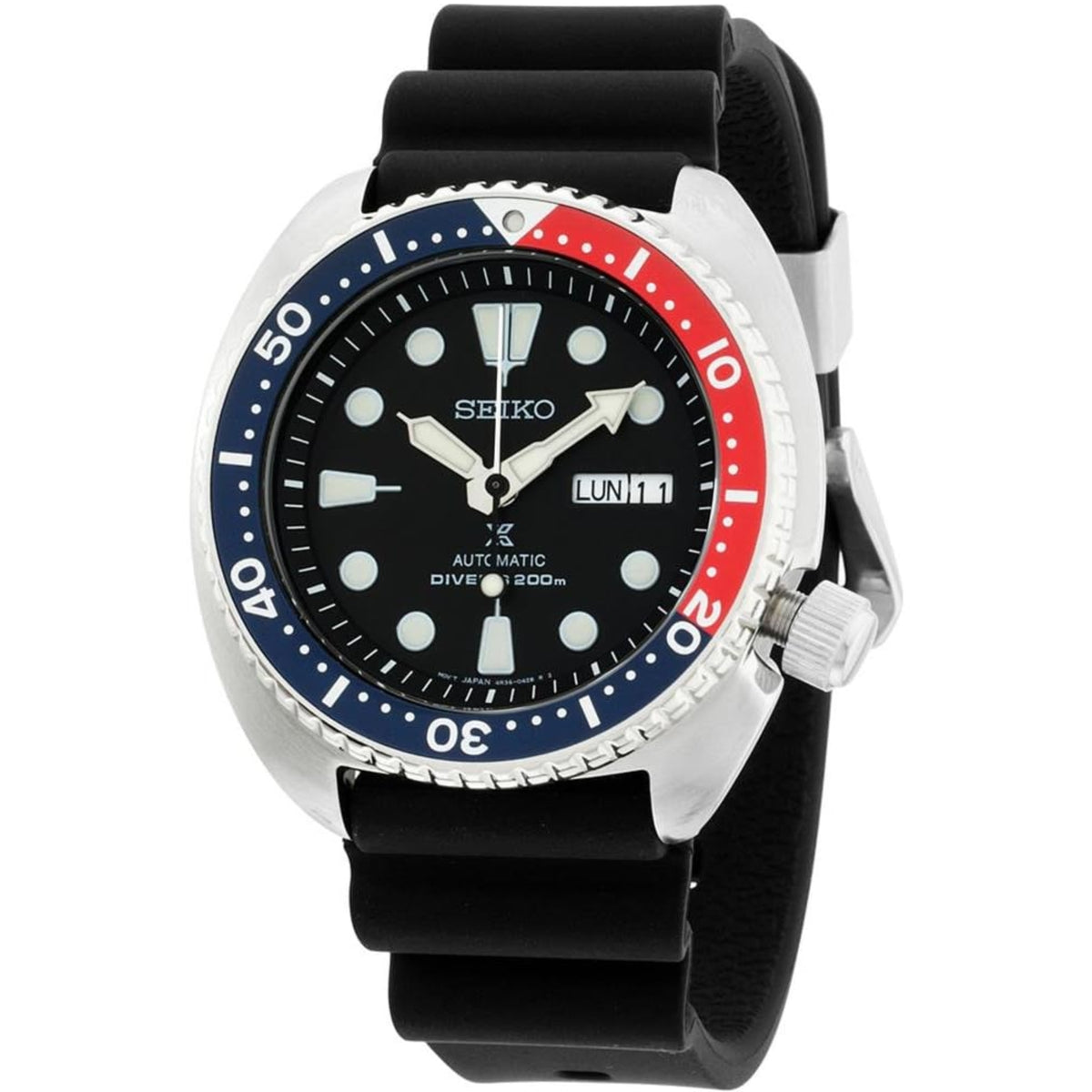 Two-tone diver’s automatic watch, black dial, black rubber strap