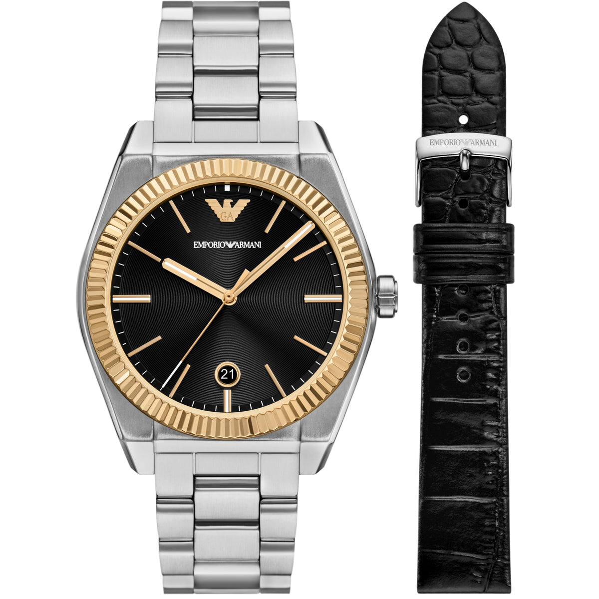 Men's quartz watch with black dial and steel bracelet, plus black leather strap