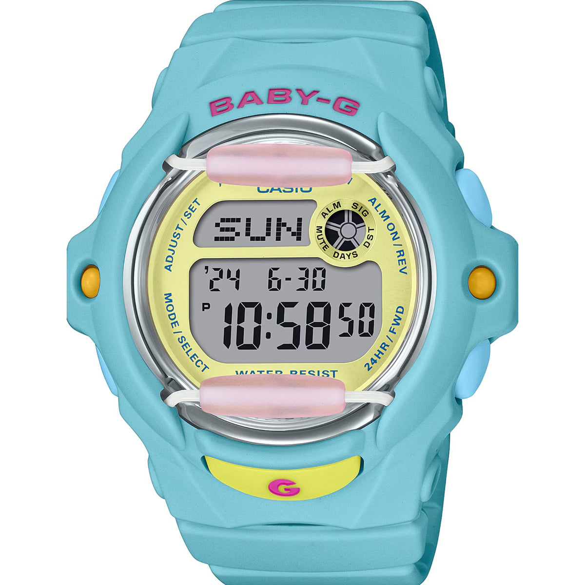 Casio Baby-G digital resin strap watch with teal case and strap, day-date display