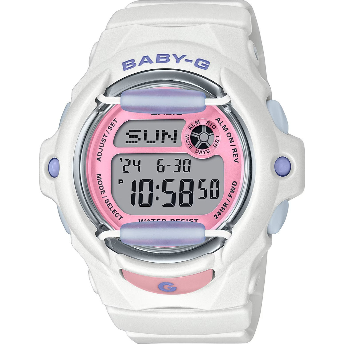 Casio Baby-G white resin digital watch with pink dial BG-169PB-7ER front view