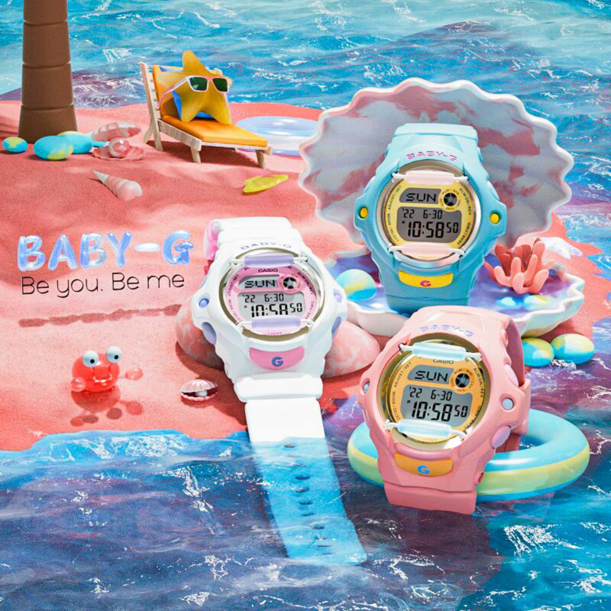 Collection of Casio Baby-G Playful Beach digital watches in white, pink and blue on summer background