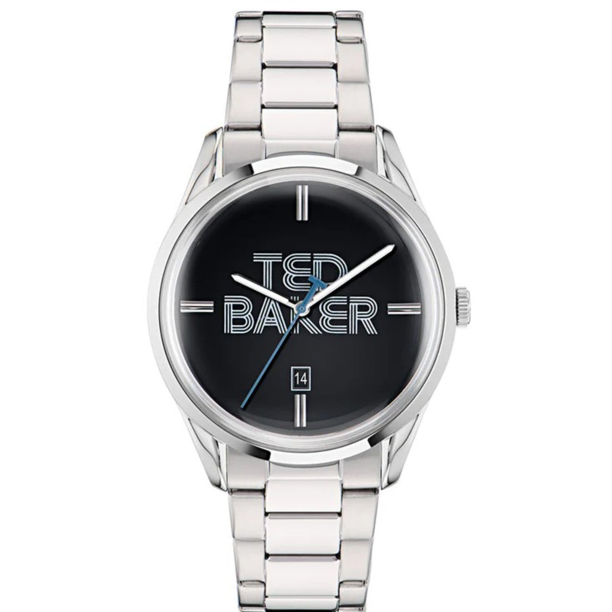 Men's stainless steel watch with black dial, baton markers, and date window