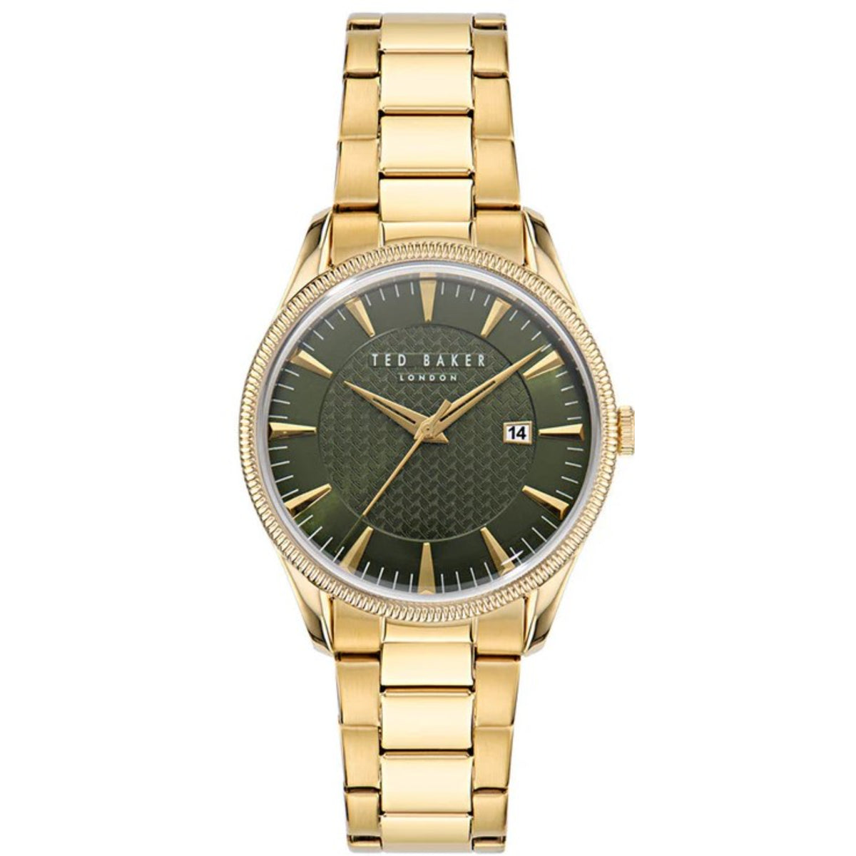 Men's gold-tone watch with green textured dial, gold hands, and date window at 3 o'clock
