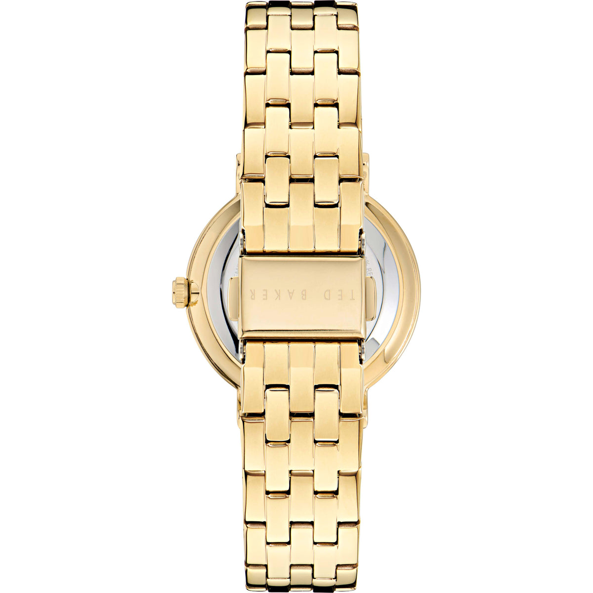 Gold-tone stainless steel watch with round case and floral dial, crown at side