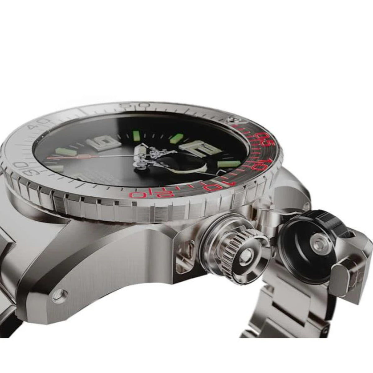 BALL Engineer Hydrocarbon EOD DM3200A-S1C-BK side profile shot displaying titanium case with patented crown protection system