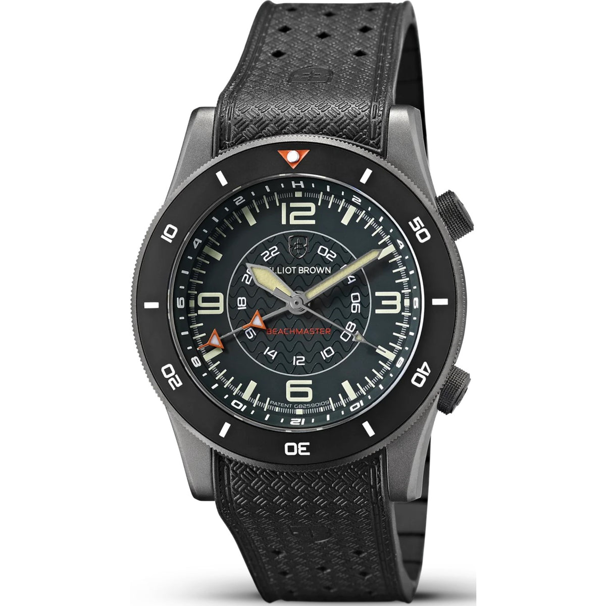 Men's stainless steel wristwatch with dark dial and black textured leather strap