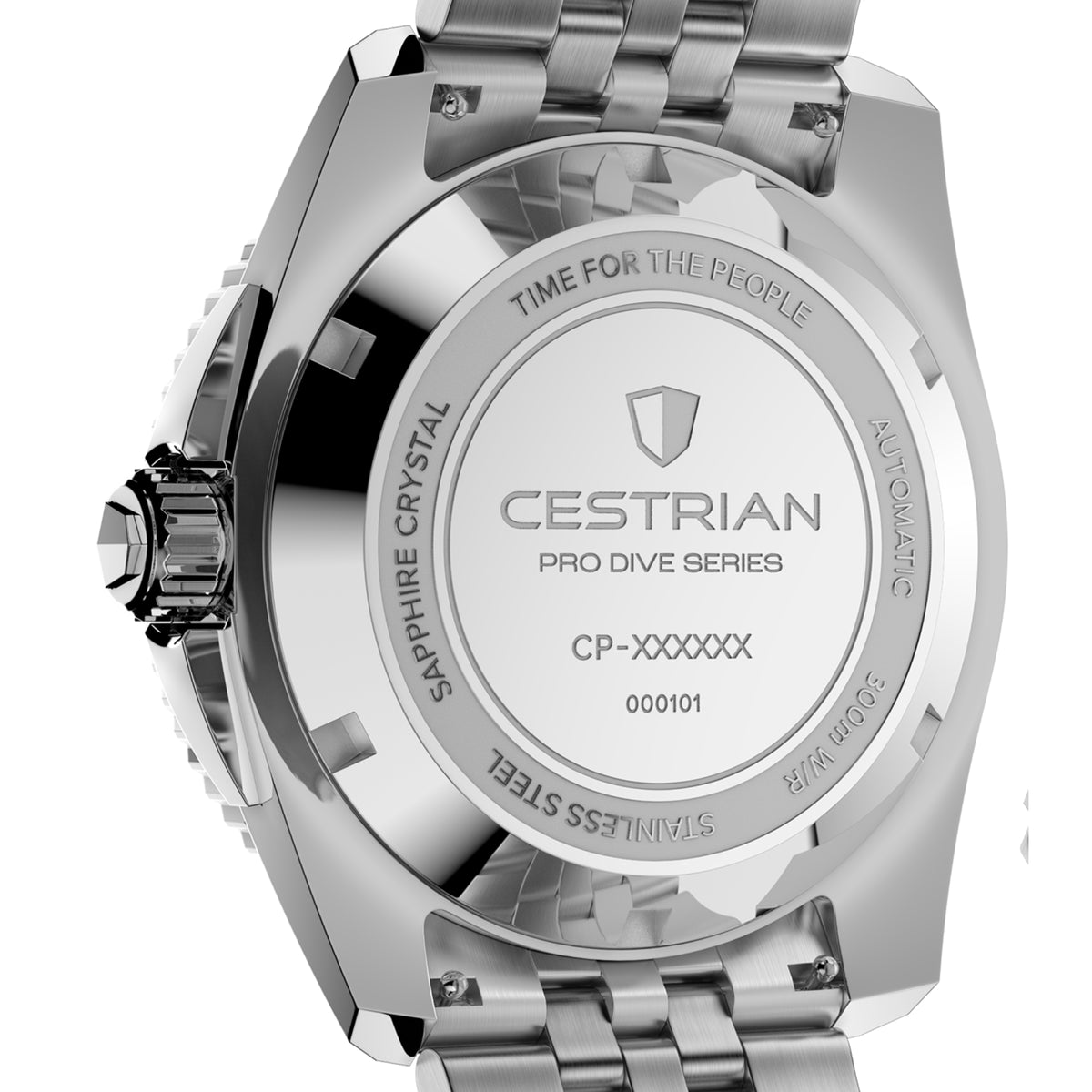 Men's automatic dive watch case back in stainless steel with engraved PRO DIVE SERIES