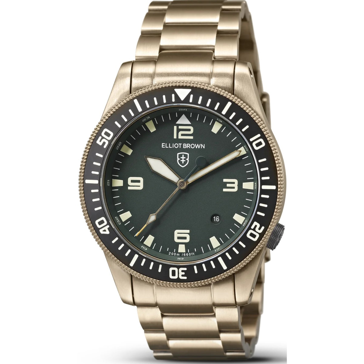 Gold-tone men’s wristwatch with dark green dial, minute-mark bezel, metal bracelet