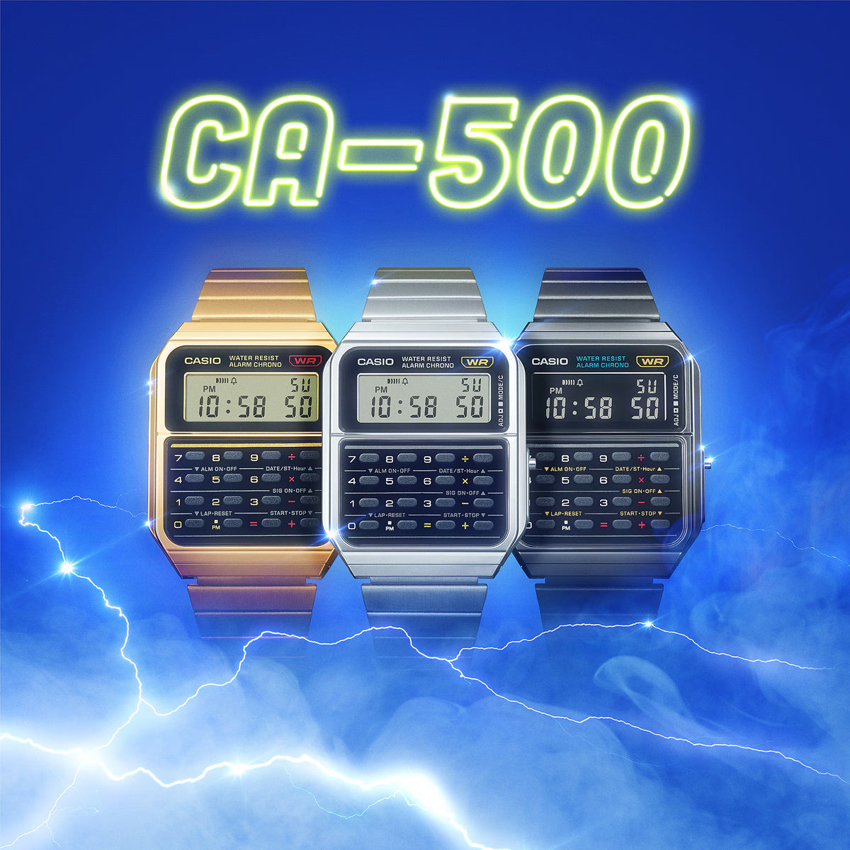 Casio digital calculator watch in black steel with calculator-style LCD display