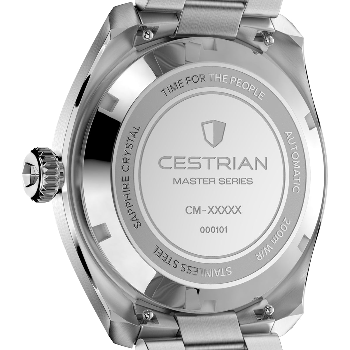 Close-up detailed view of stainless steel caseback on the Cestrian Master Series V3 highlighting the laser-engraved brand markings and specifications