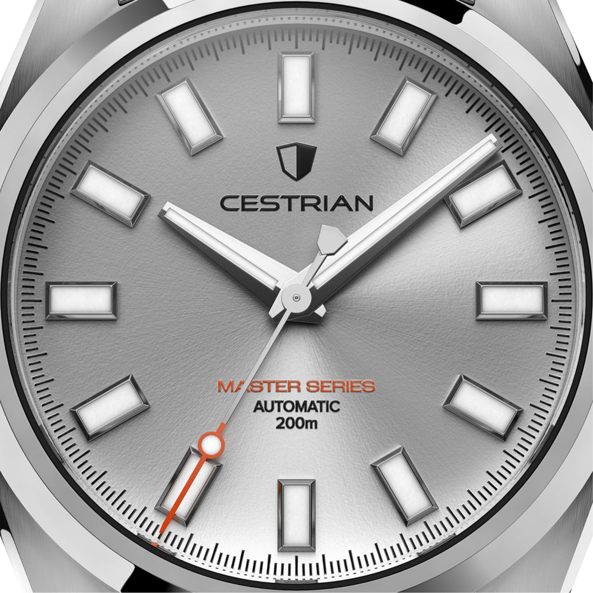 Close-up of silver dial design, orange-accented second hand, and rectangular indices on the Cestrian Master Series V3