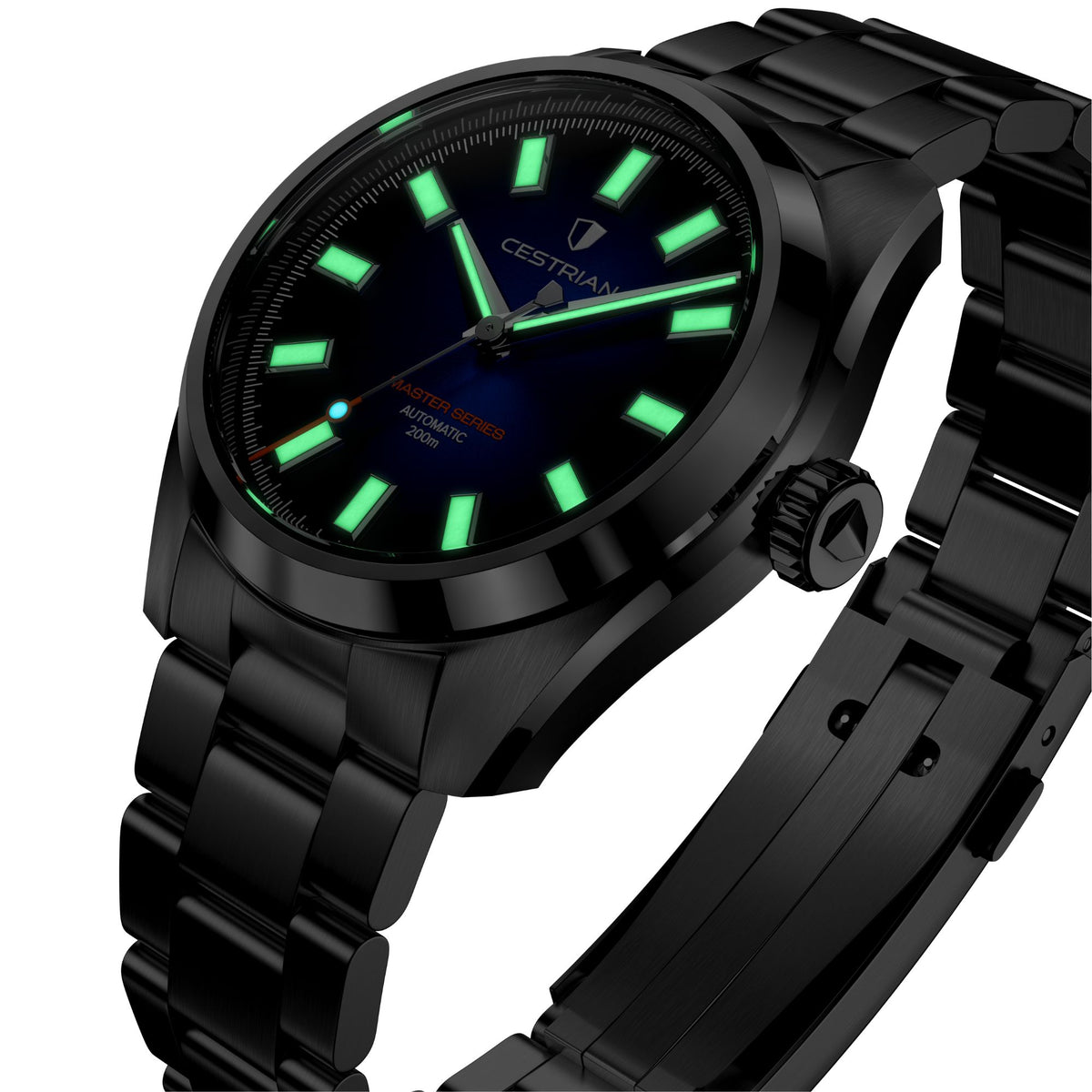Angled view of Cestrian Master Series V3 watch face in the dark emphasizing the glow of the hands and hour markers