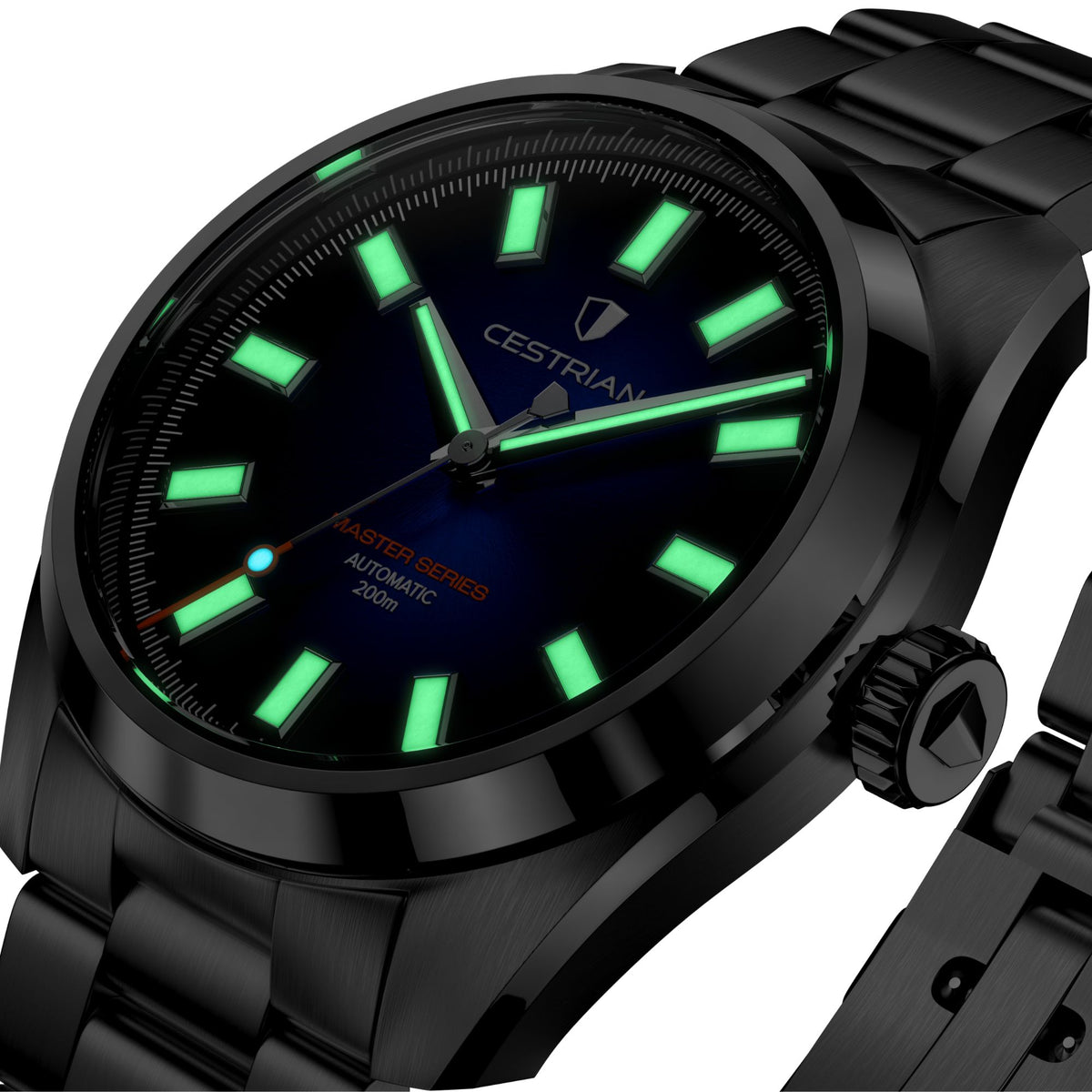 Angled shot of the Cestrian Master Series V3 in low light focusing on the bright green glowing luminescent compound
