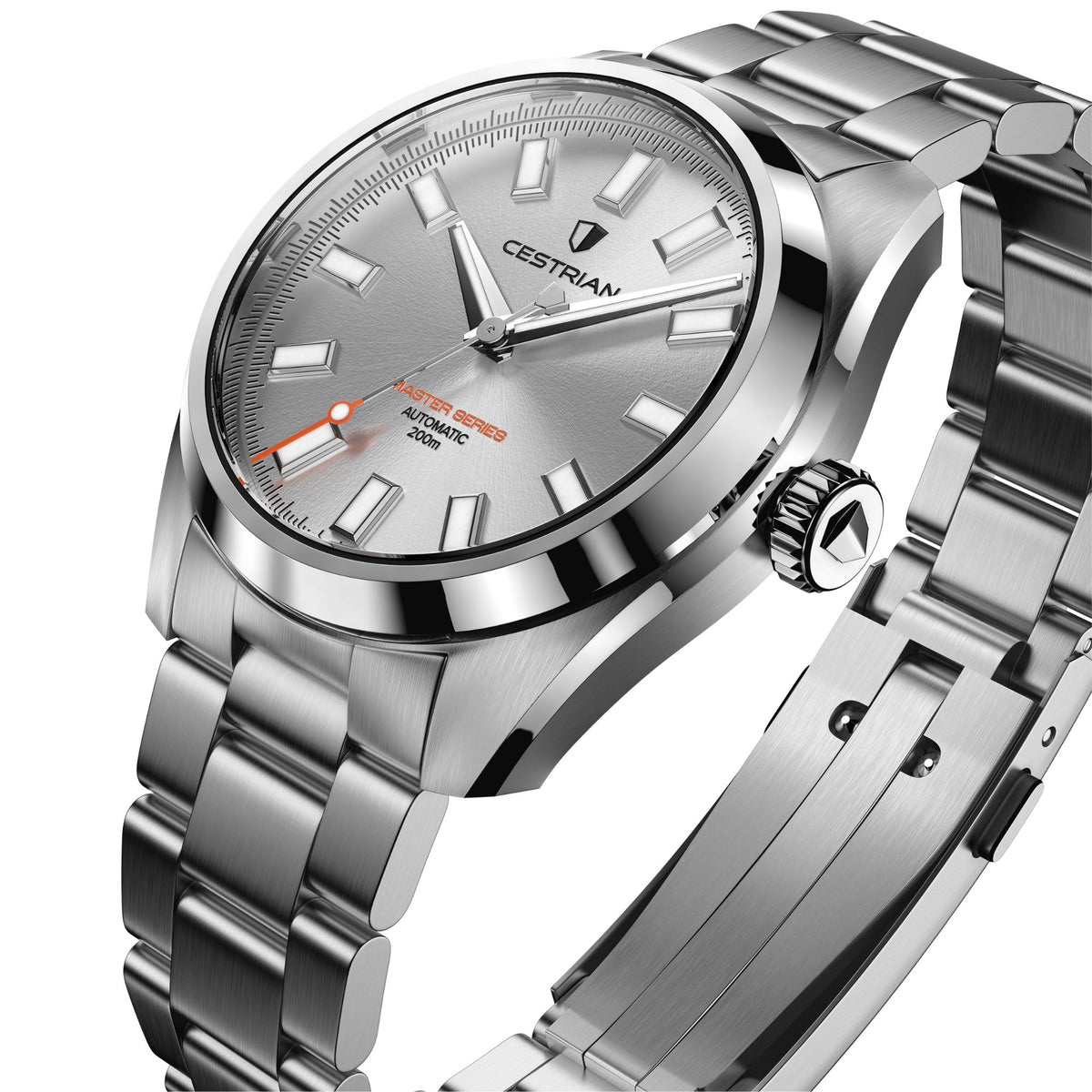 Cestrian Master Series V3 silver dial automatic watch displaying the polished bezel, textured crown, and bracelet links