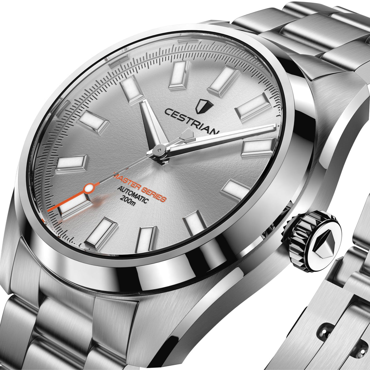 Close-up shot highlighting the silver sunray dial texture and polished hardware of the Cestrian Master Series V3