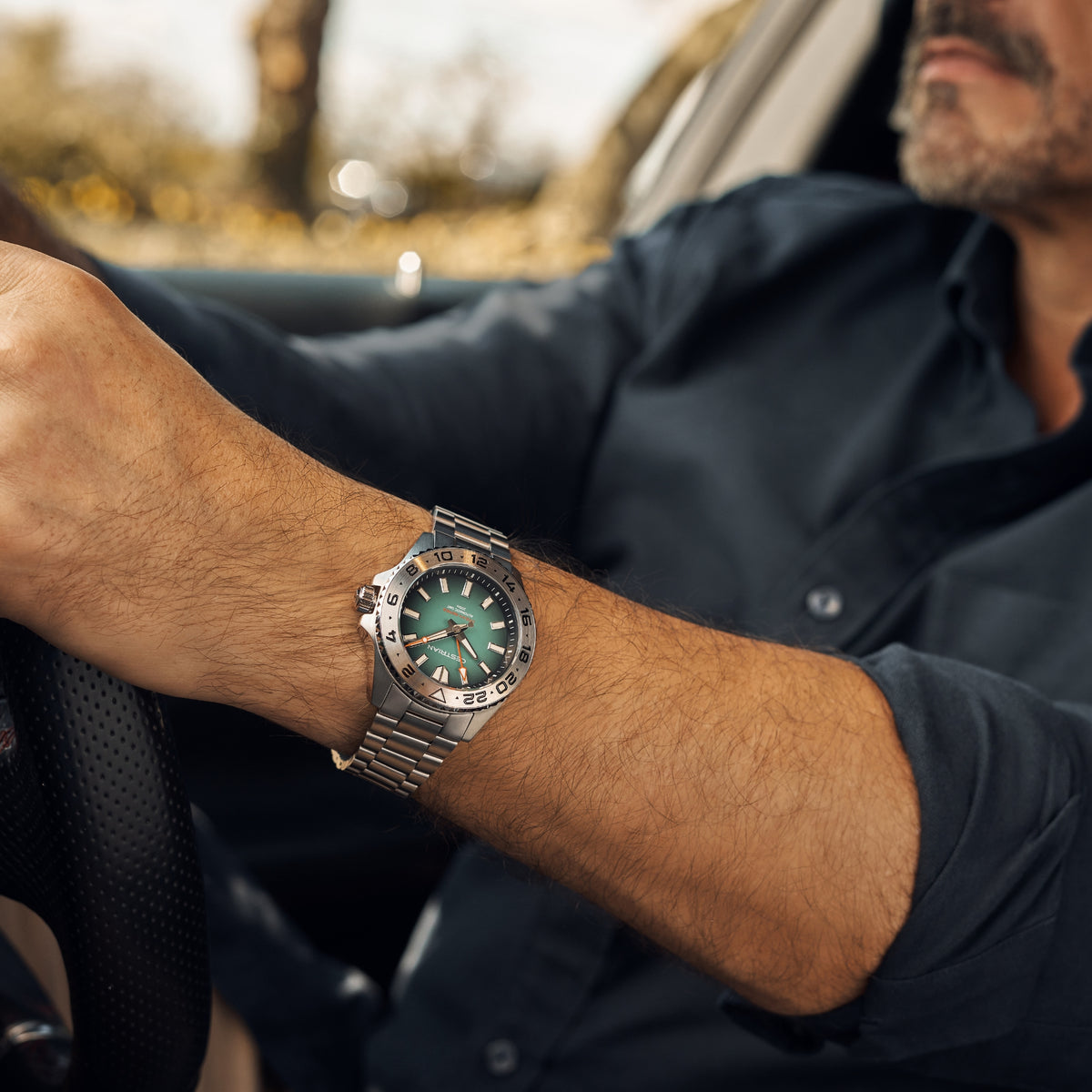 Cestrian Ocean Series steel bracelet GMT watch with green fumé dial on wrist