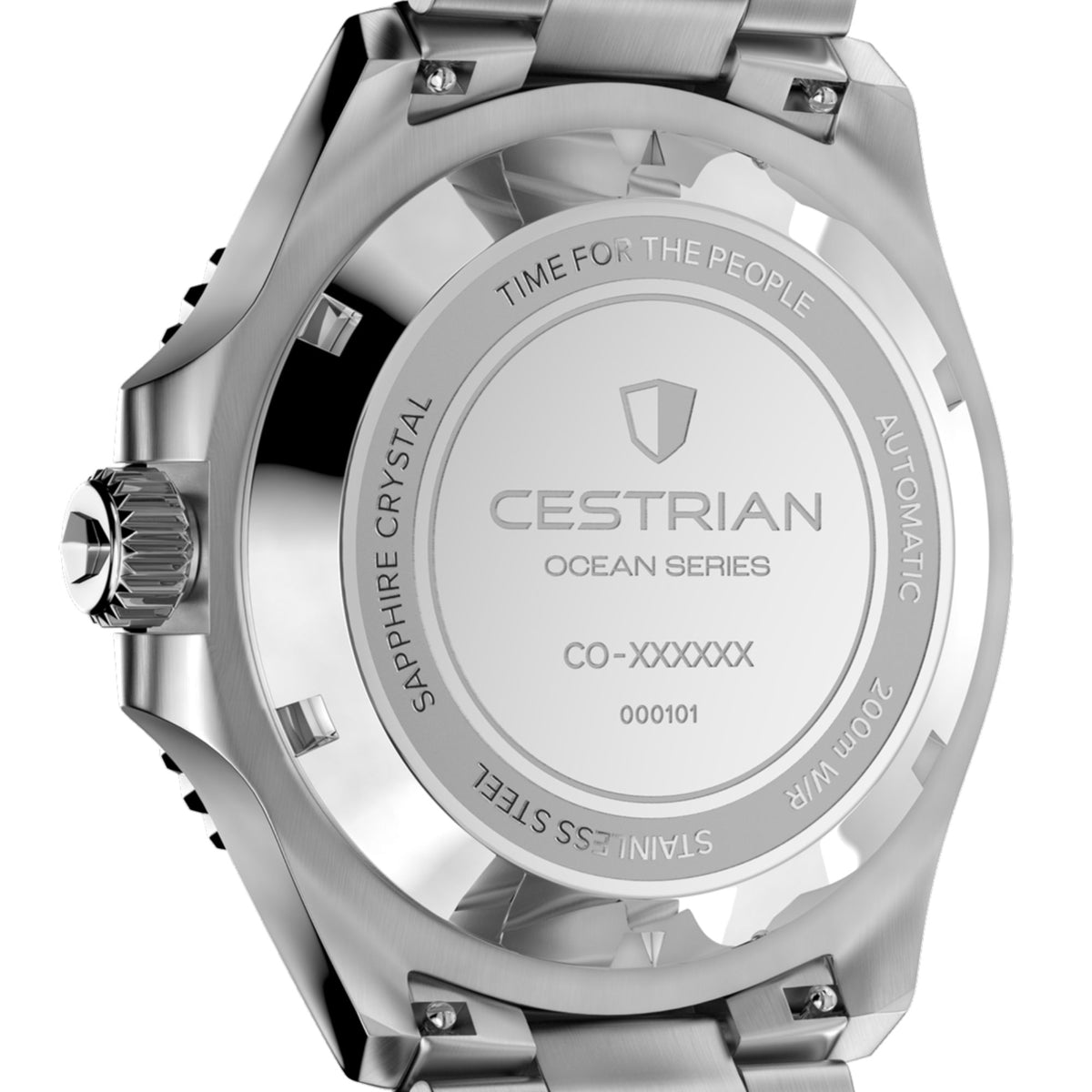 Cestrian Ocean Series CO-YLS001 engraved stainless steel case back close up