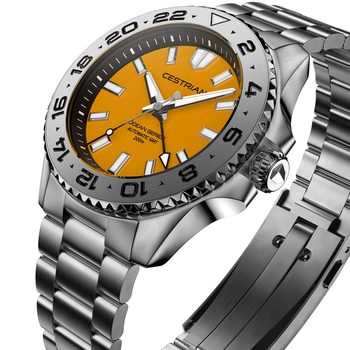 Cestrian Ocean Series CO-YLS001 angled view and stainless steel bracelet