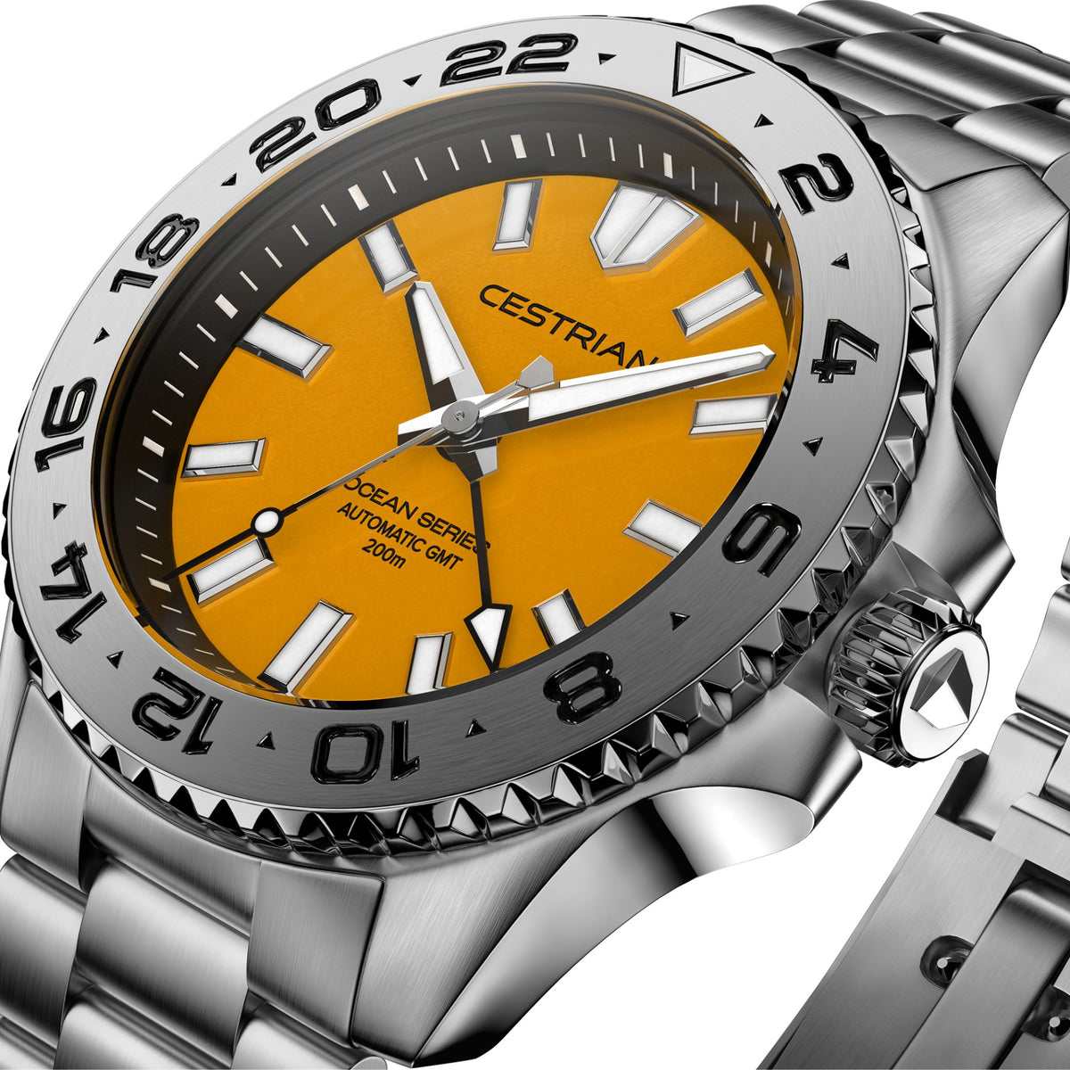 Cestrian Ocean Series CO-YLS001 angled dial and textured crown close up