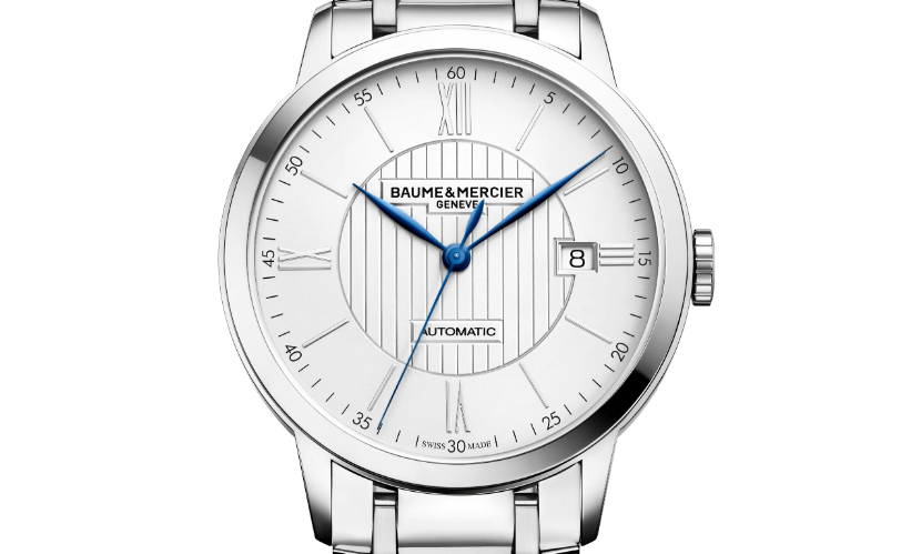 Stainless steel wristwatch, white dial with Roman numerals, blue center seconds, date