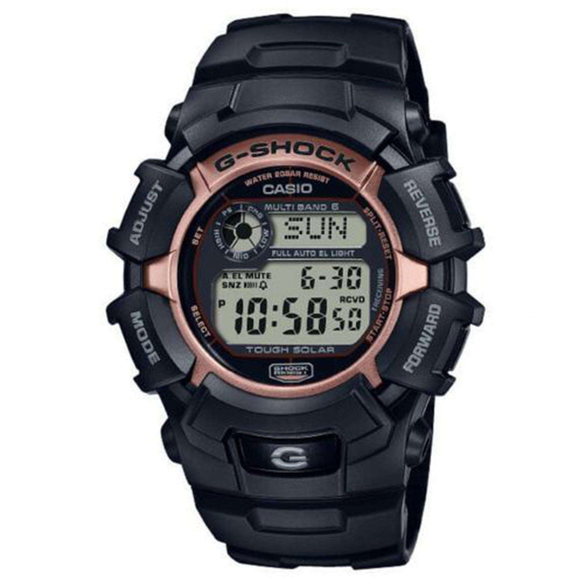 Casio G-Shock solar digital watch, black bezel and silicone strap, red-accent dial