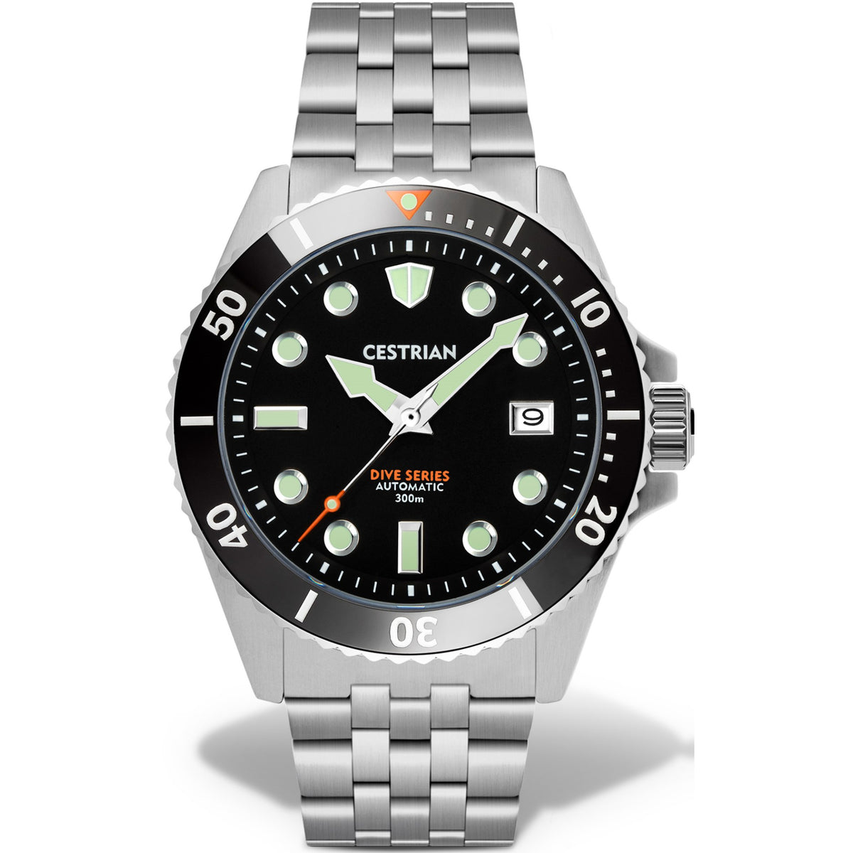 Men's automatic dive watch with black dial, green lume markers, steel bracelet