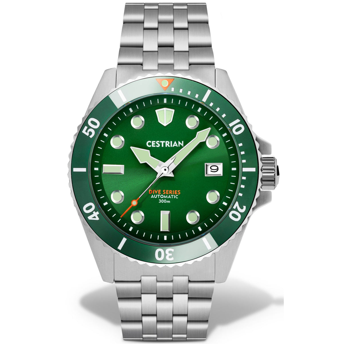 Green ceramic-bezel men’s automatic dive watch with steel bracelet and green dial