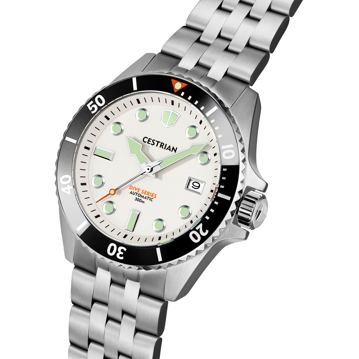 Men's dive watch showing white dial and black ceramic bezel with steel bracelet