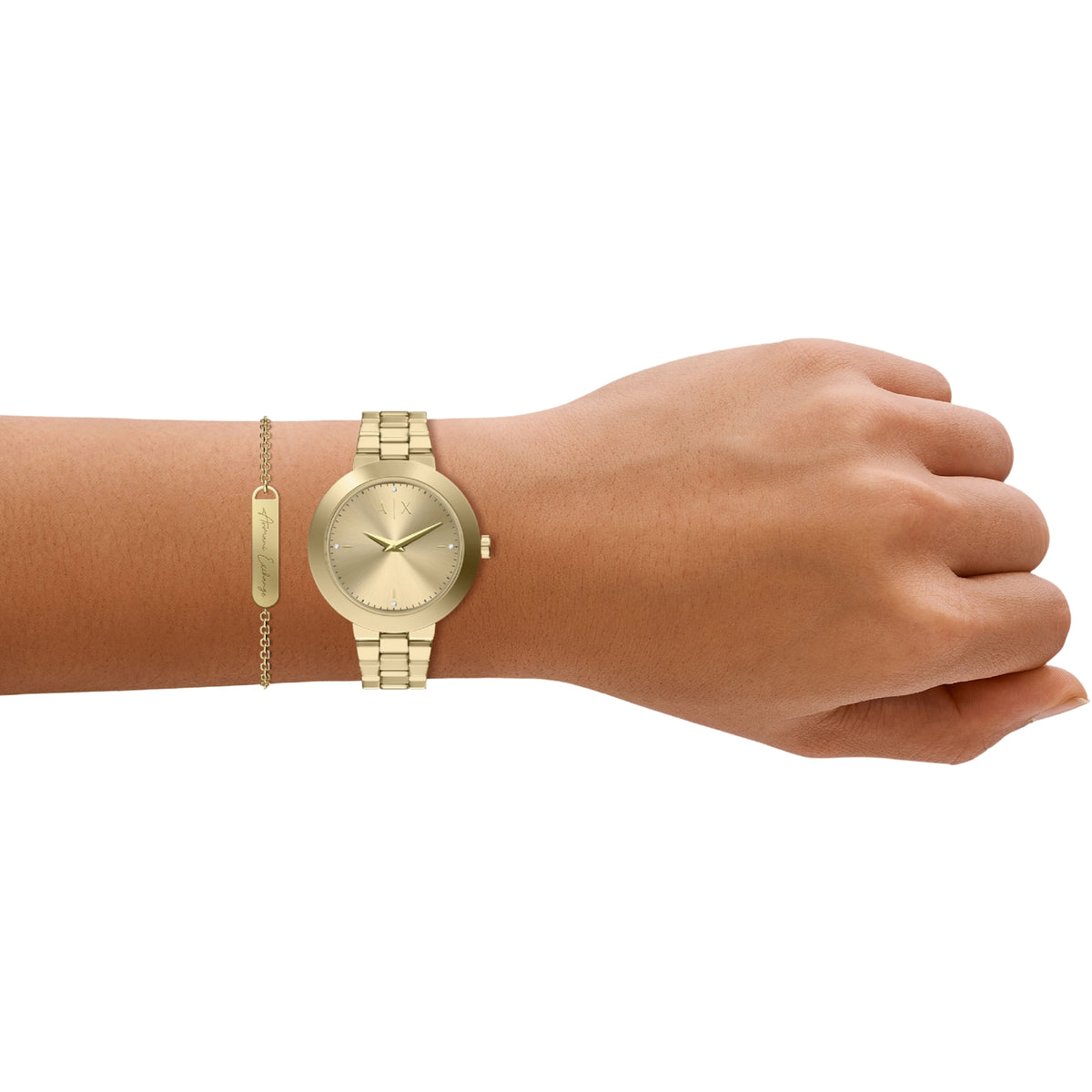 Armani Exchange Jackie AX7177SET watch and script logo bracelet on a womans wrist lifestyle view