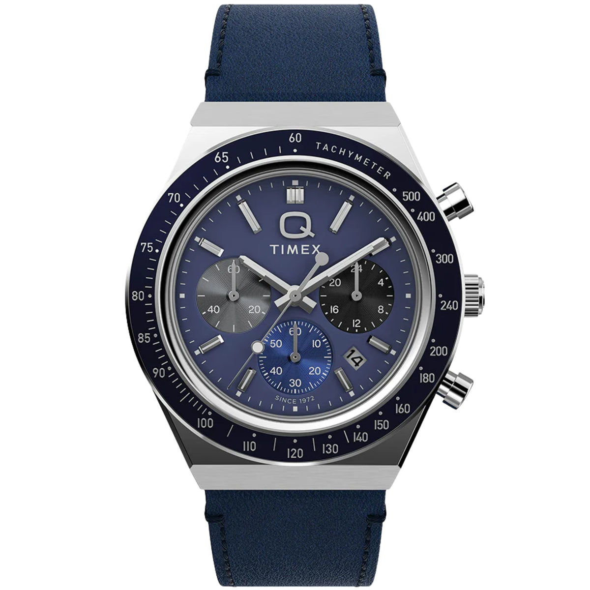 Blue dial chronograph quartz men’s wristwatch with blue leather strap and silver bezel