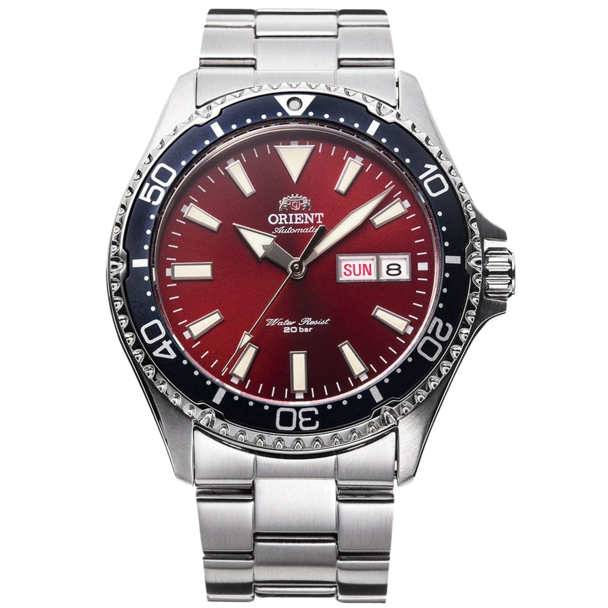Stainless steel automatic watch with red dial, date window, and blue bezel