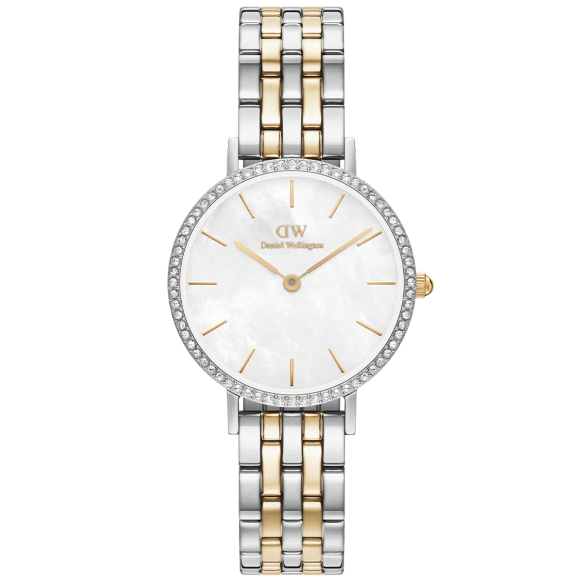 Petite steel quartz watch with mother-of-pearl dial, gold accents, and jeweled bezel