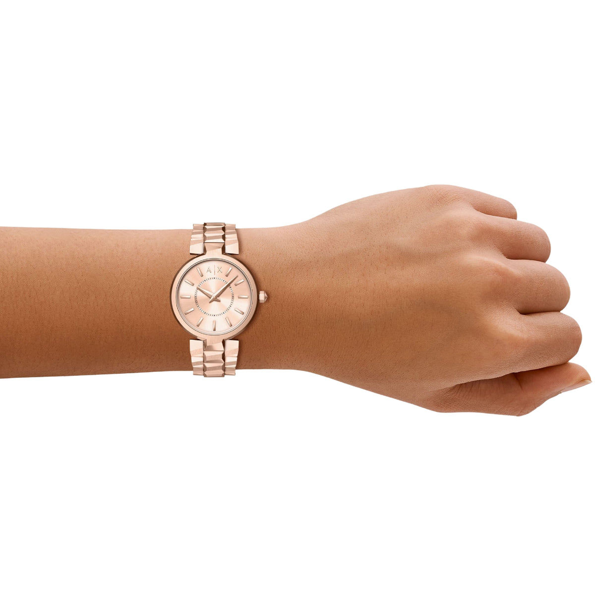Armani Exchange Audelle AX4408 rose gold watch on a womans wrist lifestyle view