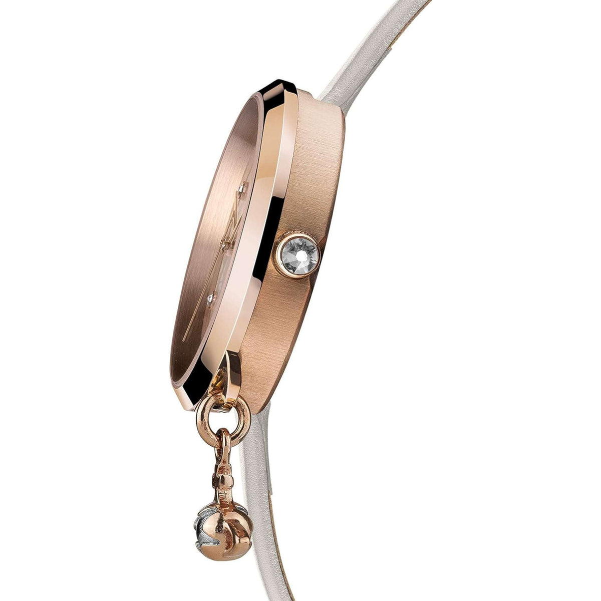 Round ladies watch with grey leather strap and rose-gold tone bow charm