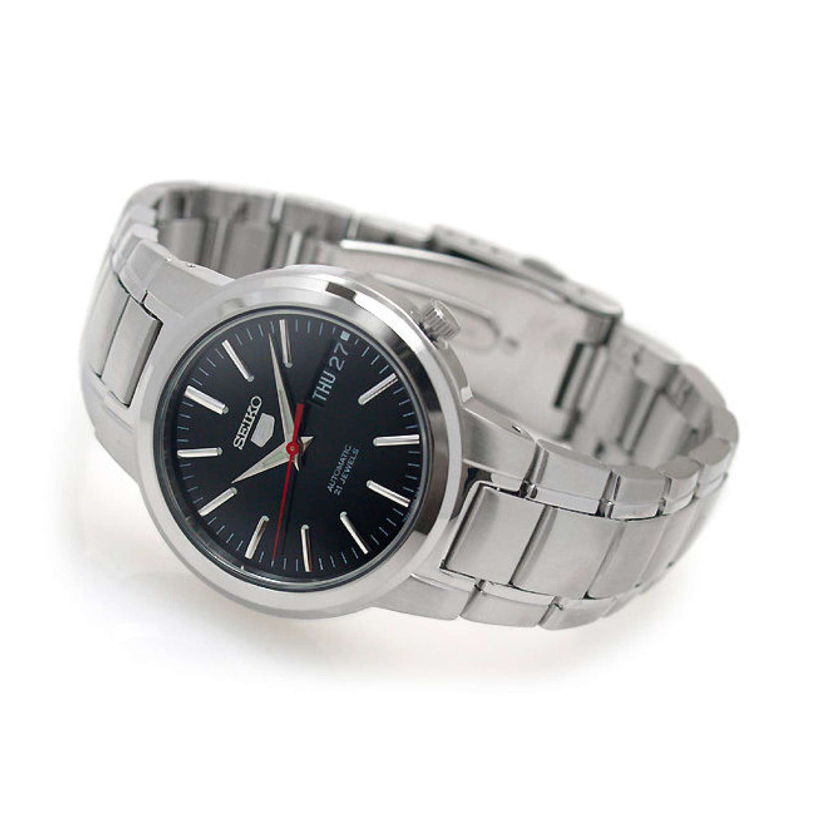 Seiko automatic men's watch with black dial, red seconds hand, stainless steel bracelet
