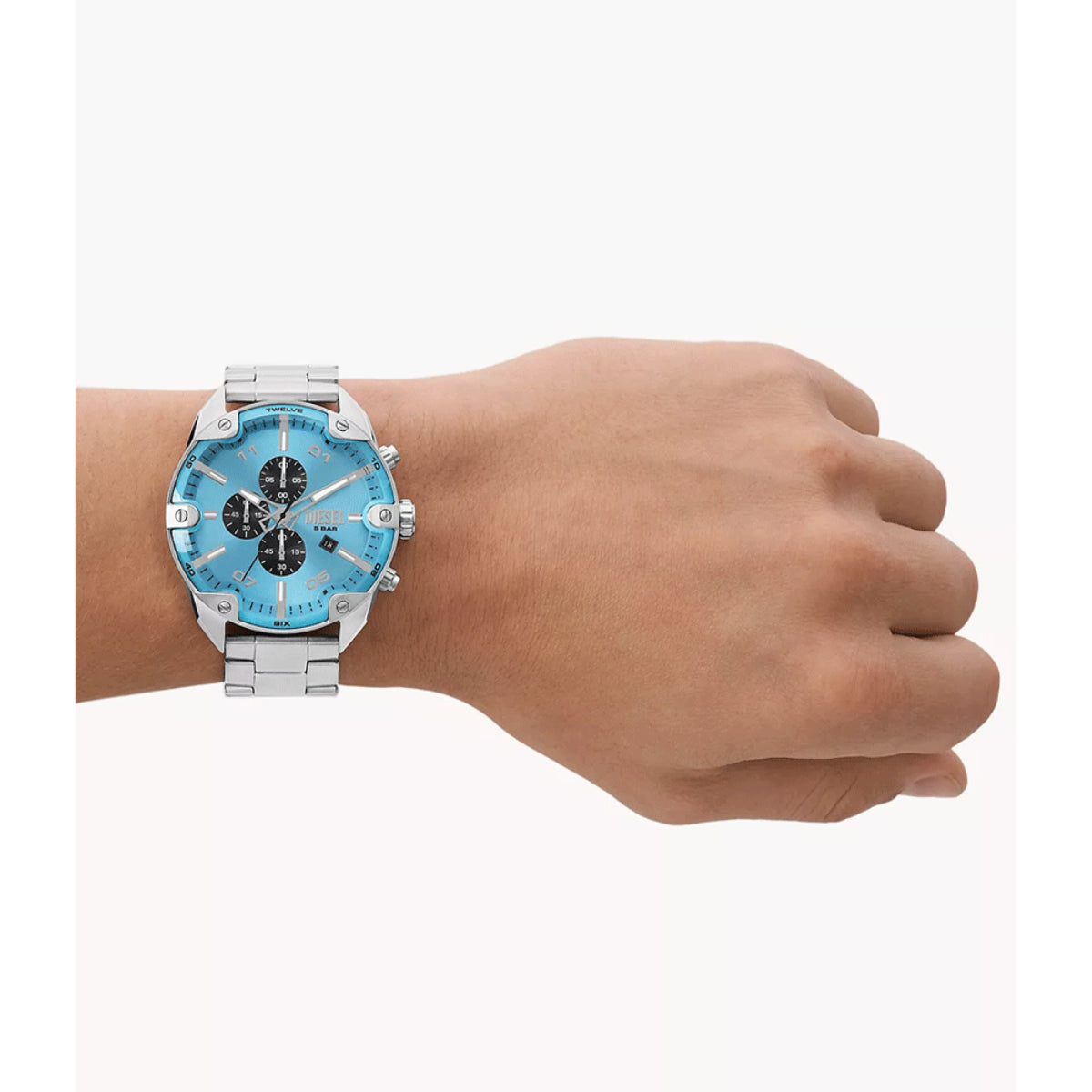 Mens steel quartz chronograph watch with blue dial and metal bracelet on wrist