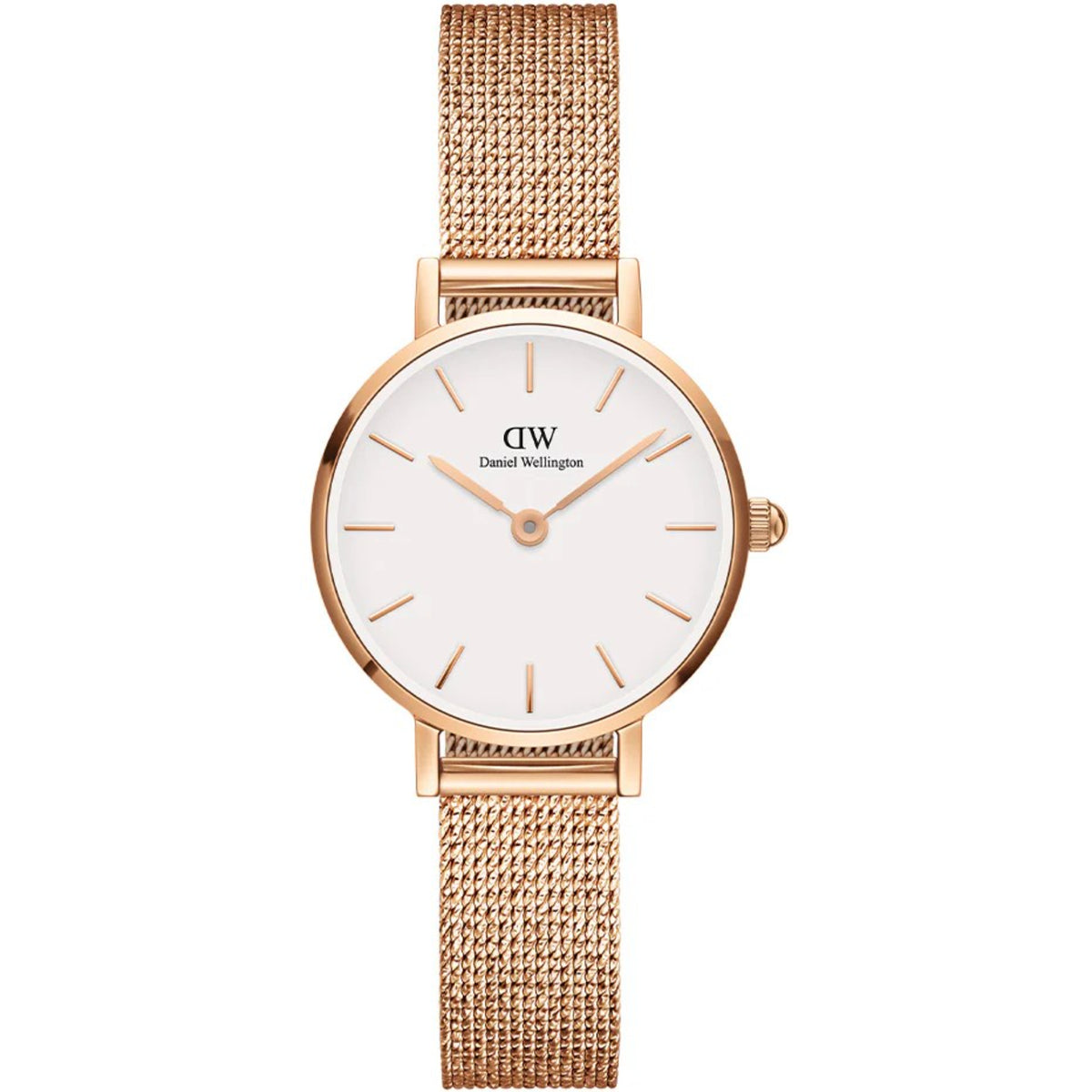 Rose gold mesh strap ladies quartz watch with white dial and gold hands