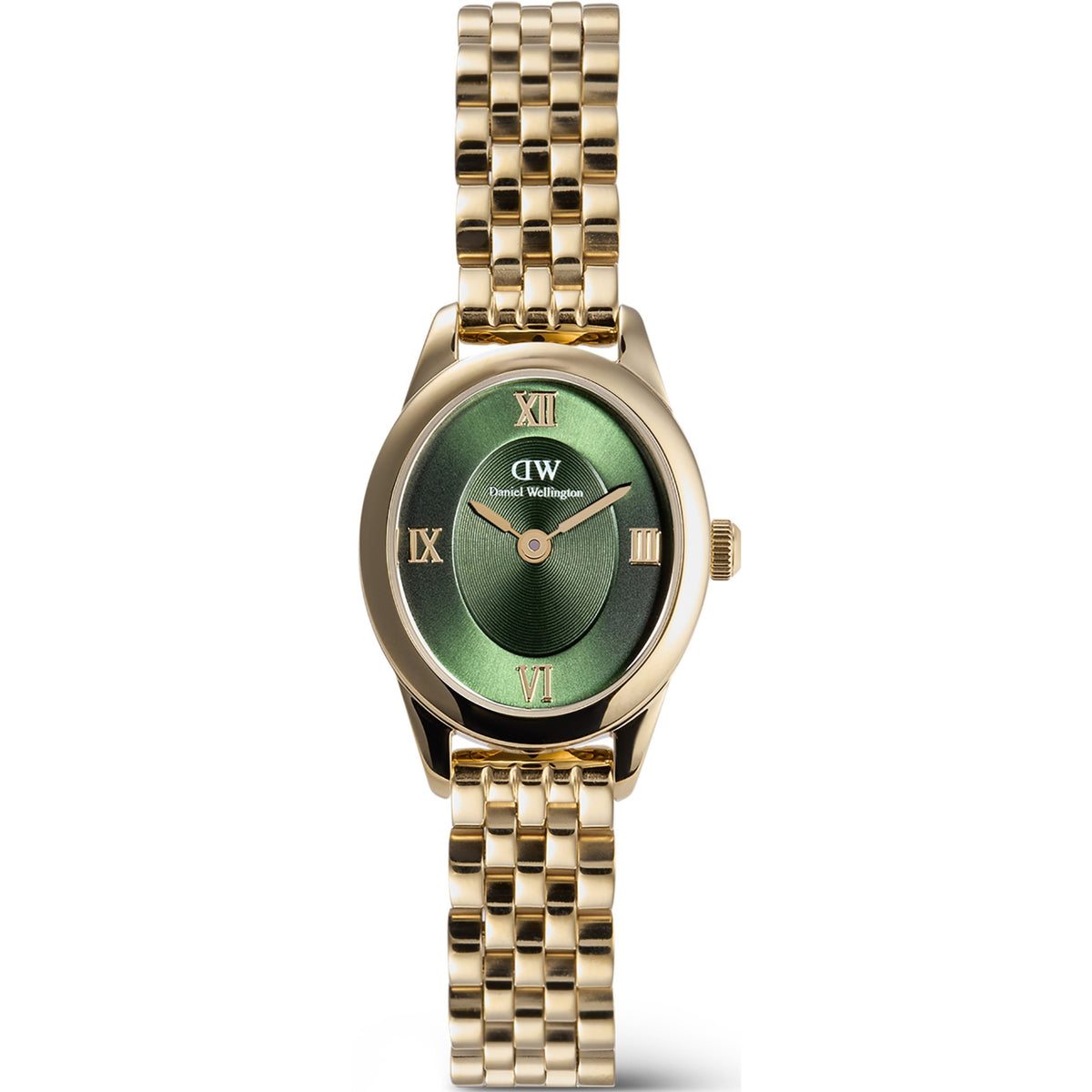 Gold-tone steel wristwatch with green dial, roman numerals, and link bracelet