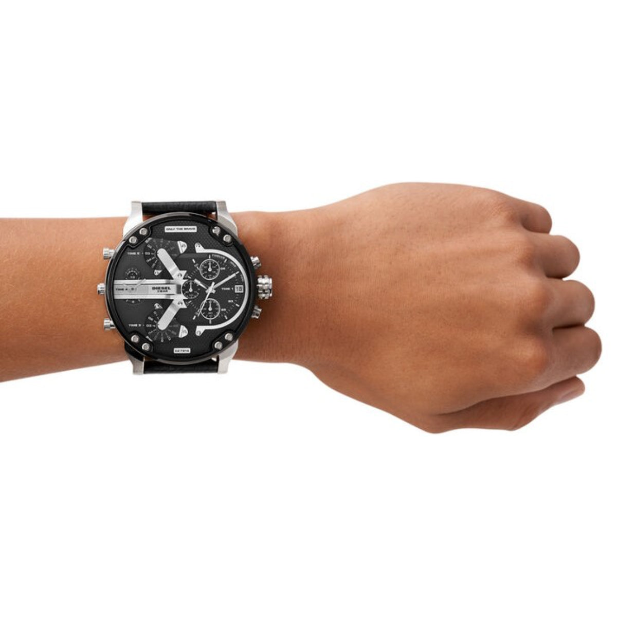 Mens Diesel quartz chronograph watch on wrist, black dial and black leather strap