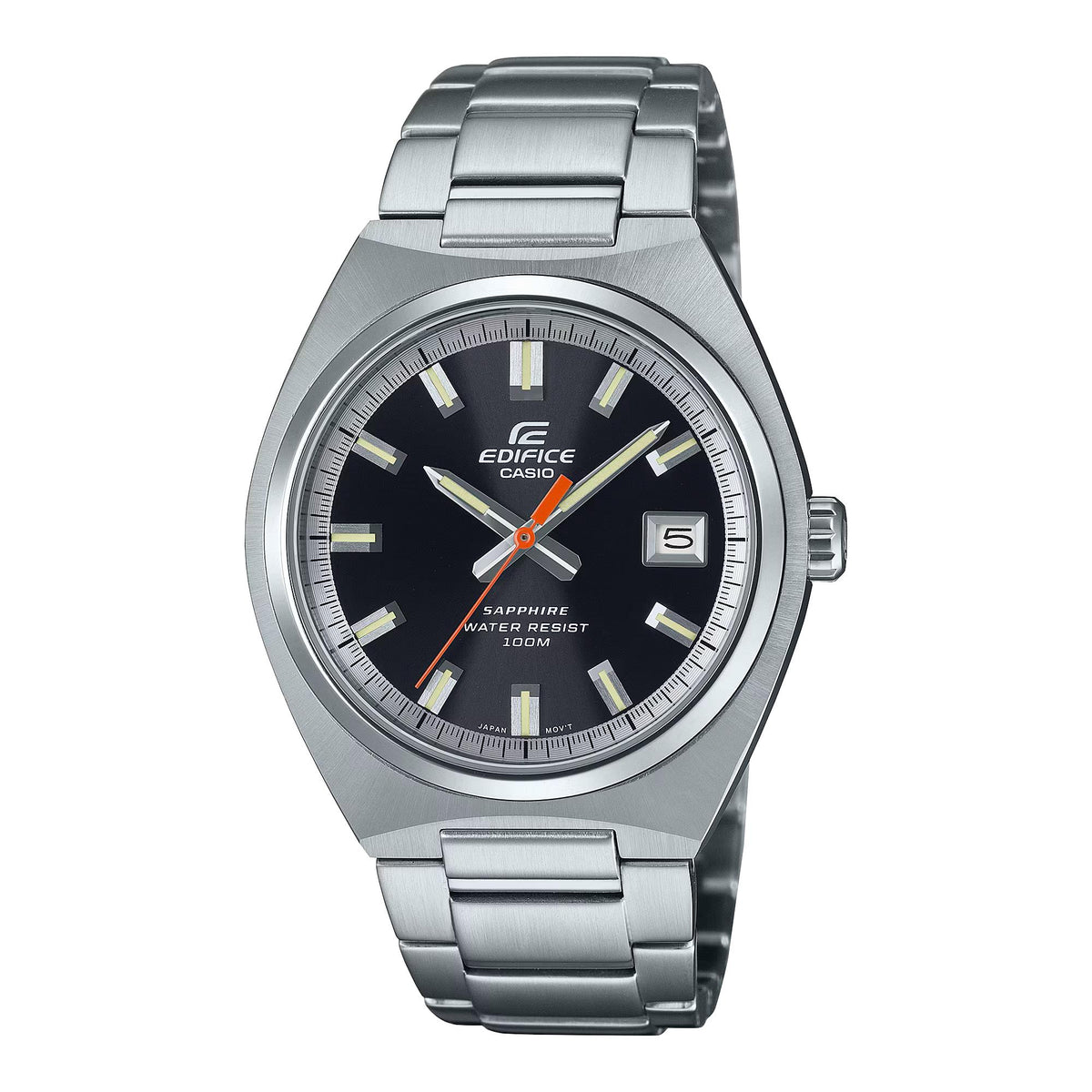 Casio Edifice EFB-109D-1AVEF quartz analogue watch featuring a black dial, orange second hand, date display, and integrated stainless steel bracelet