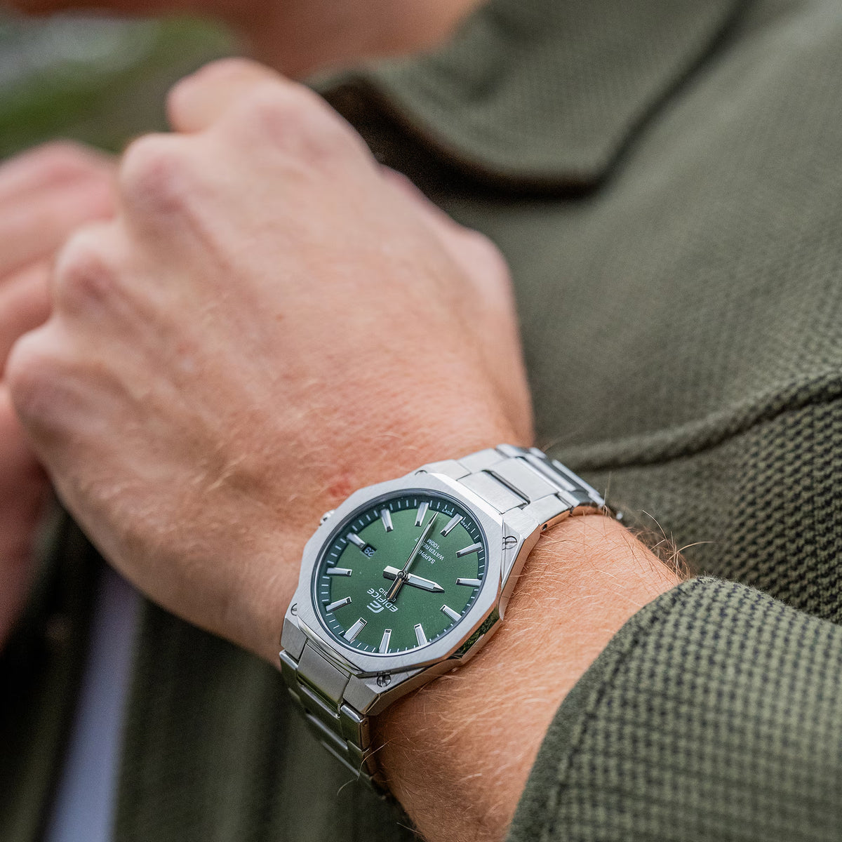 On-wrist close-up of the slim Casio Edifice EFR-S108D-3AVUEF stainless steel timepiece