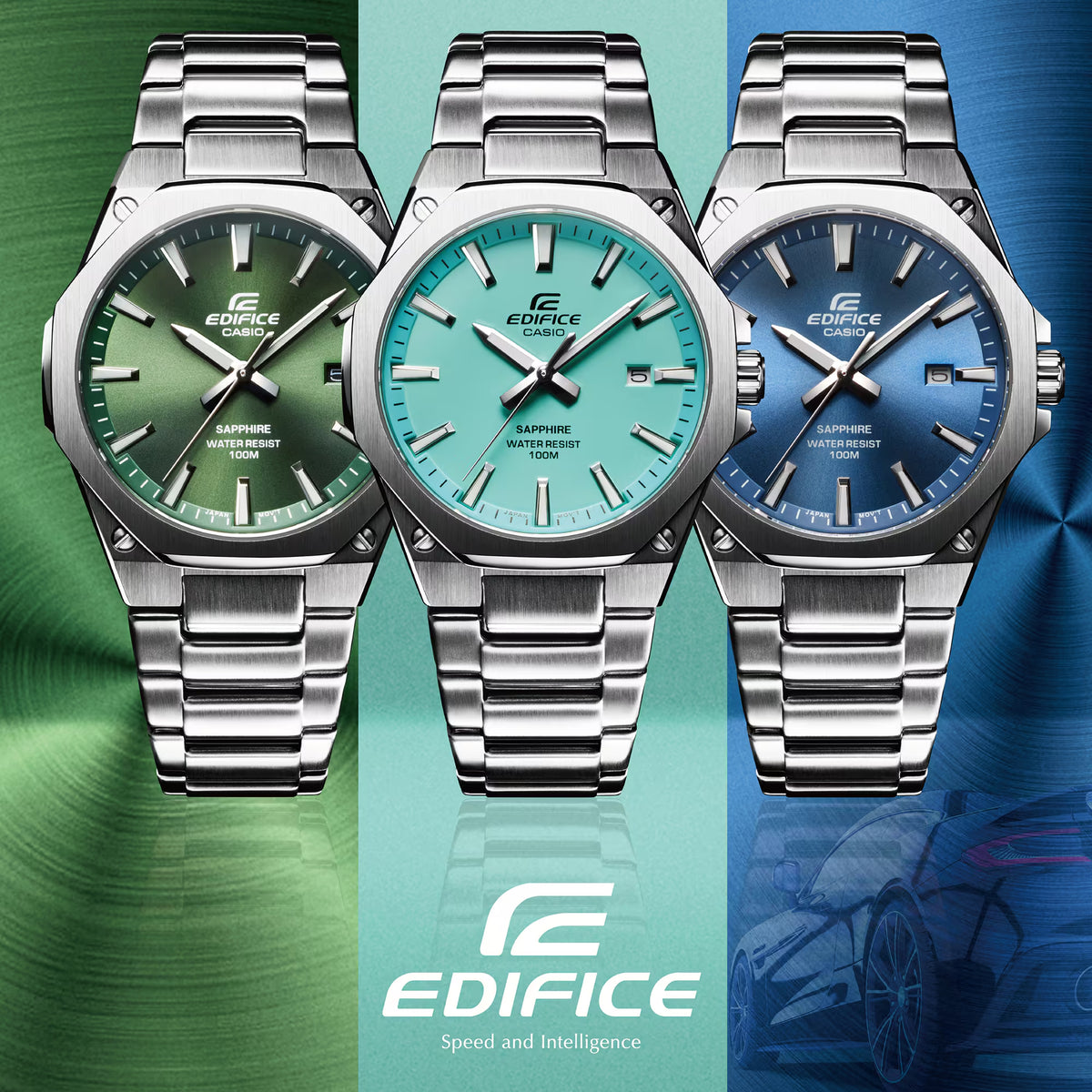 Comparison lineup of the Casio Edifice EFR-S108D-3AVUEF slim watch with green, turquoise, and blue dial variations