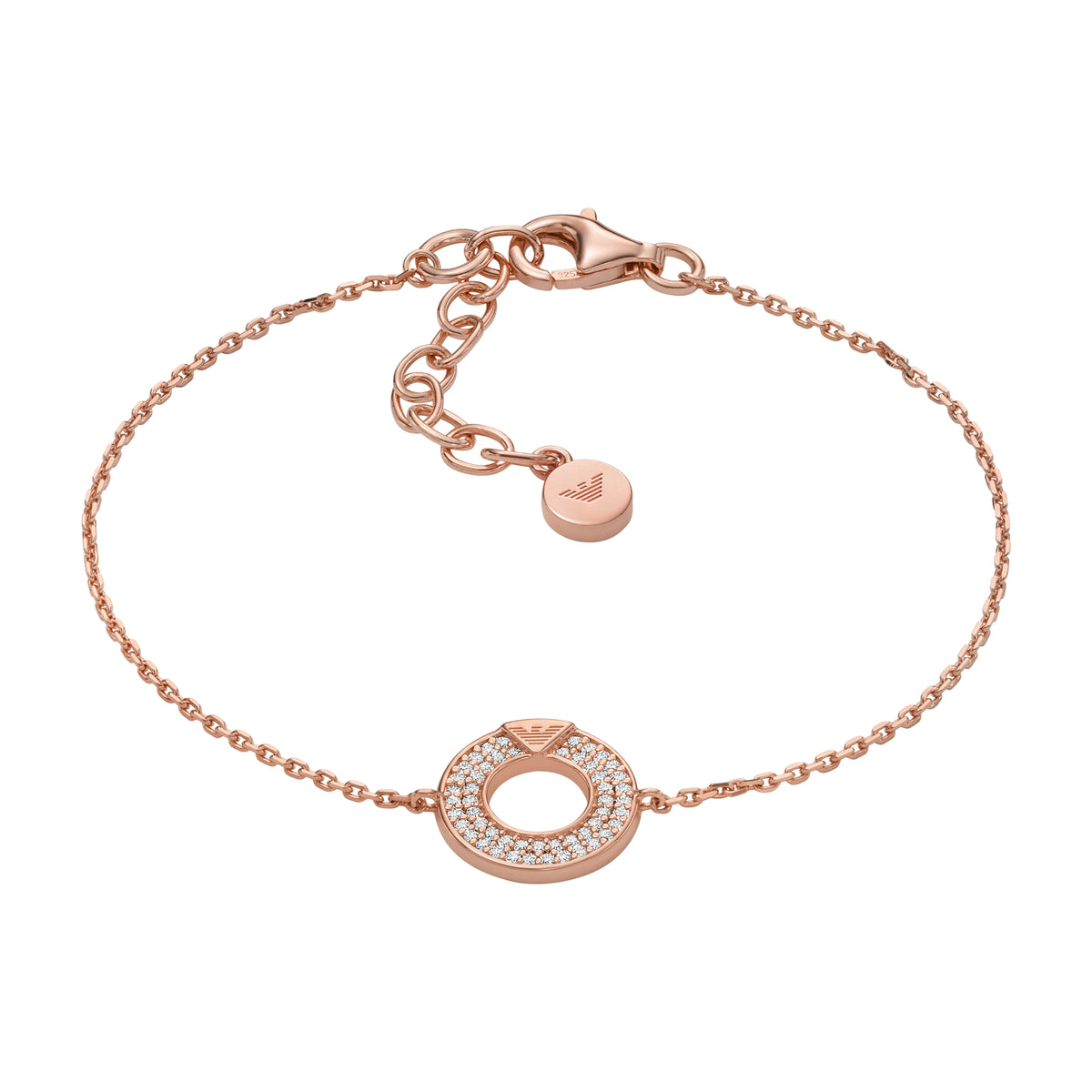 Rose gold-tone bracelet with oval ring centerpiece set with clear stones and circular core detail