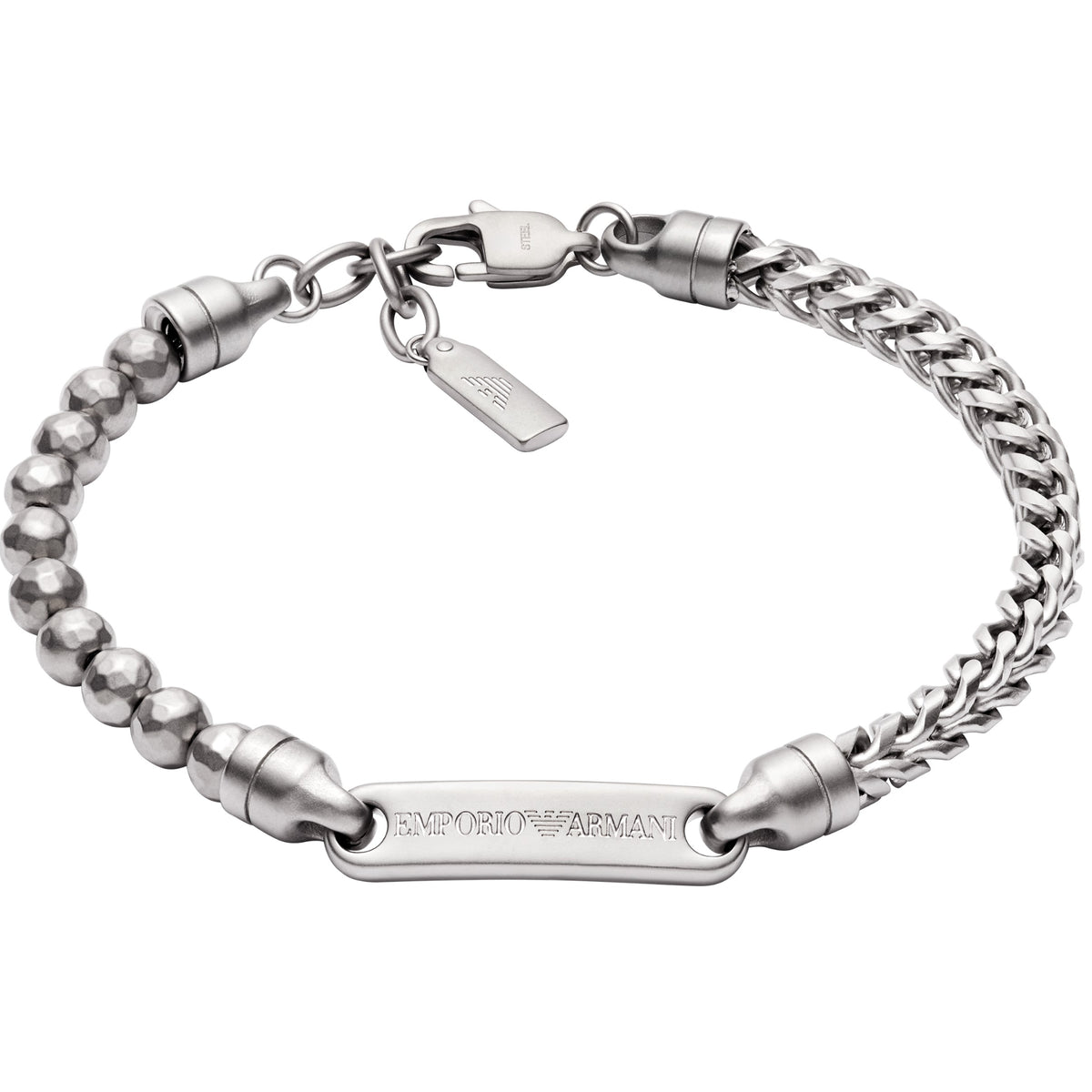 Stainless steel men's ID bracelet with ball beads, link chain, and engraved center bar