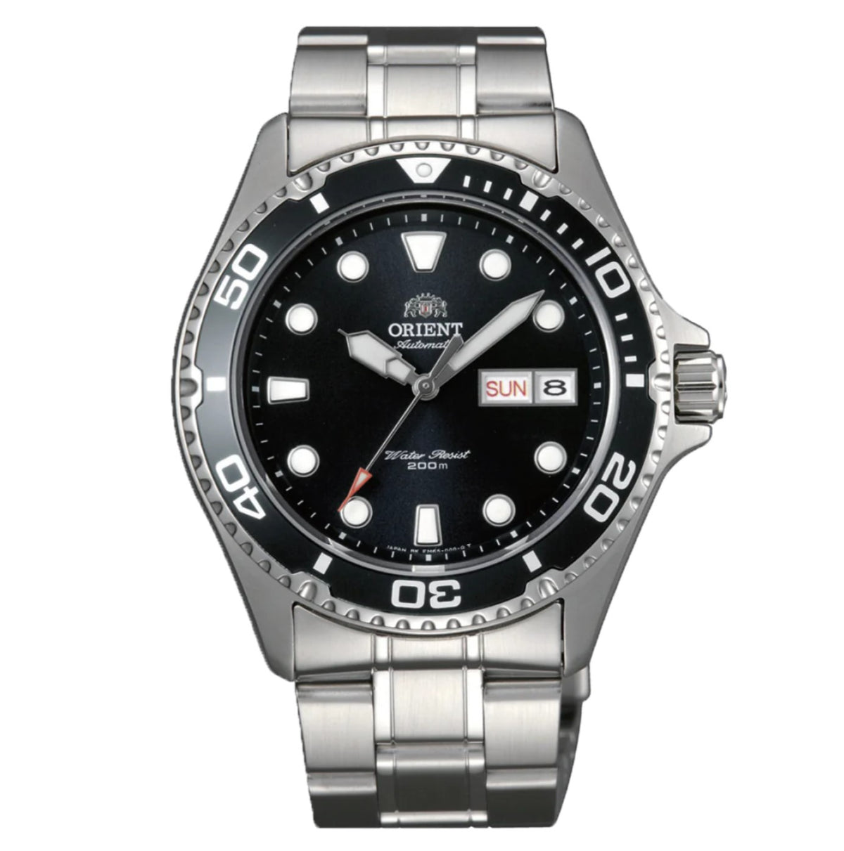 Stainless steel automatic watch with black dial, bezel and metal bracelet