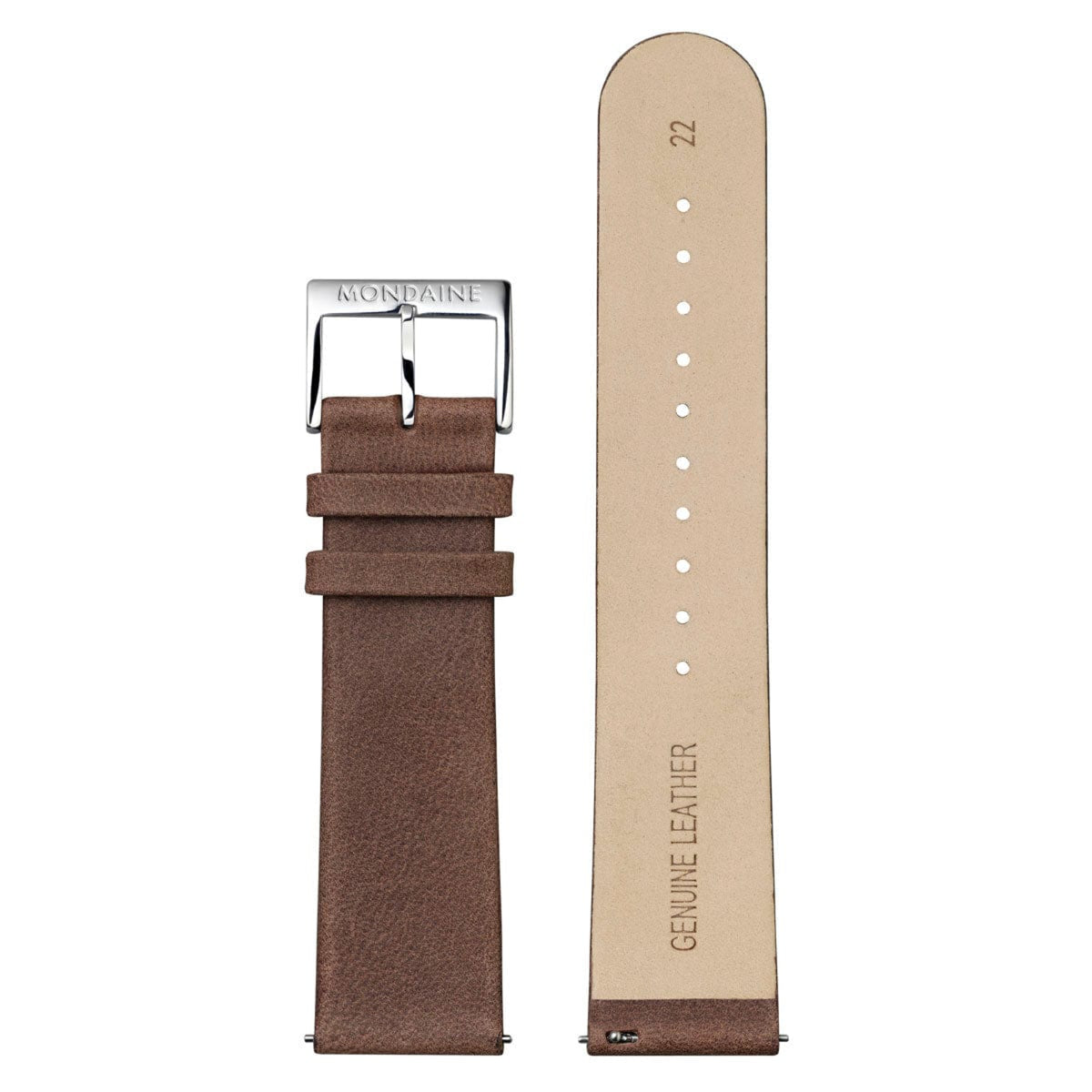 Men's watch with brown leather strap showing backside text and buckle ends