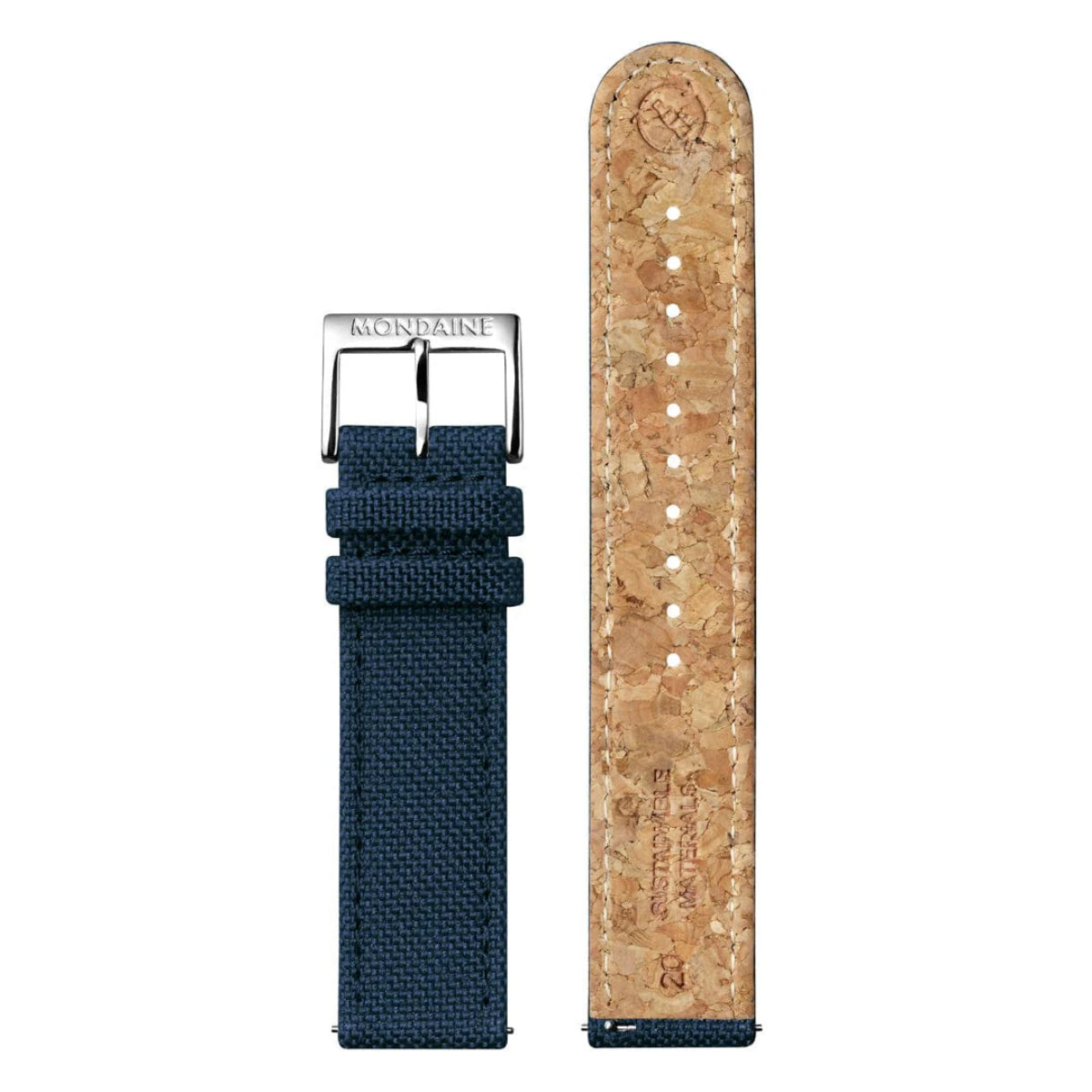 Navy textile watch strap with metal buckle and cork-like backing