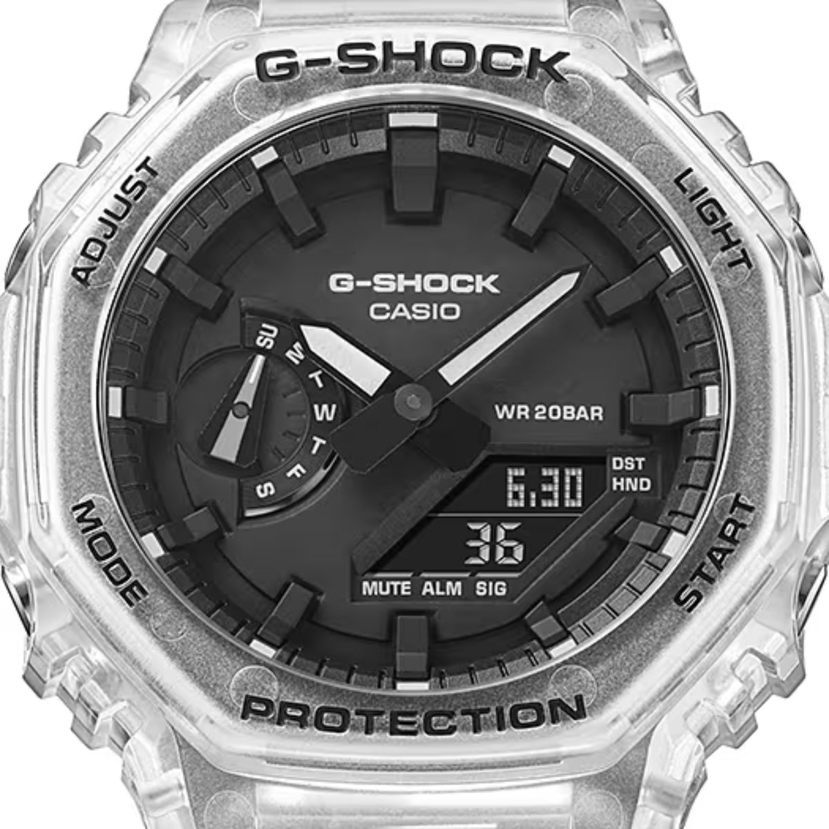 Casio G-Shock Octagon Series GA-2100SKE-7AER black digital-analog dial close up