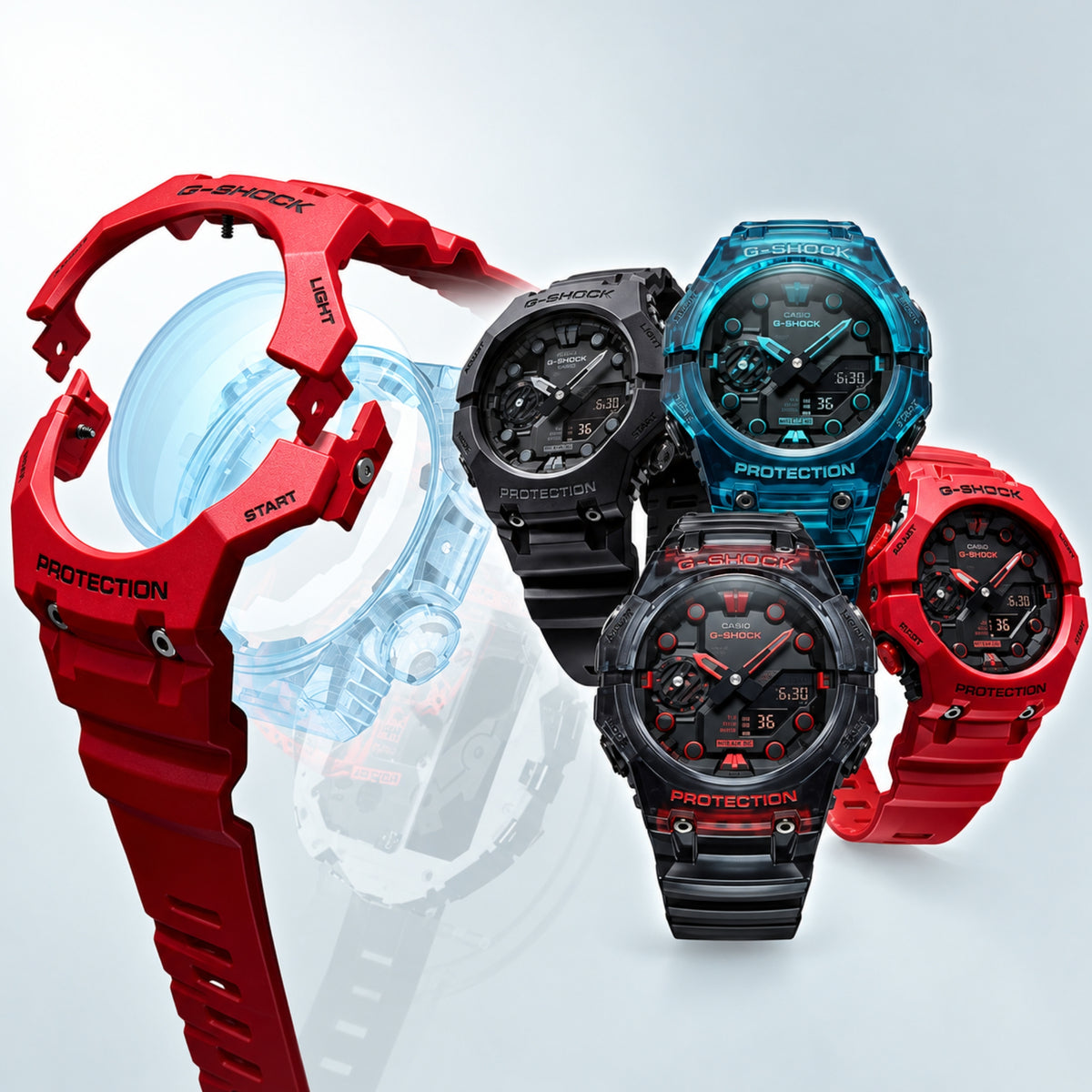 Casio G-Shock GA-B001-1AER promotional display showcasing various colourway models from the collection