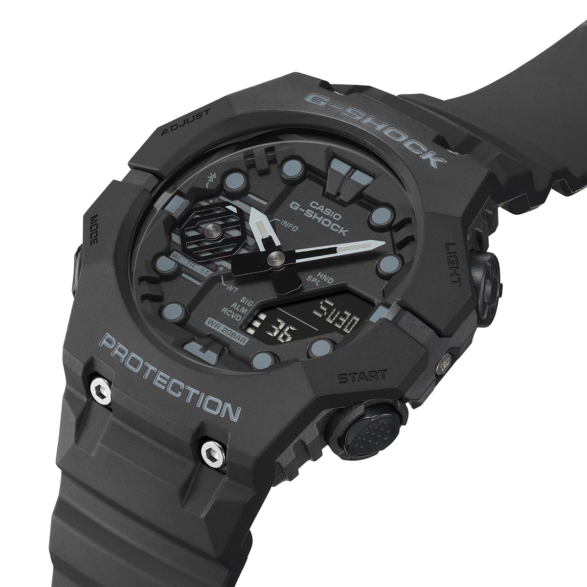 Casio G-Shock GA-B001-1AER angled perspective highlighting octagonal bezel design and resin strap